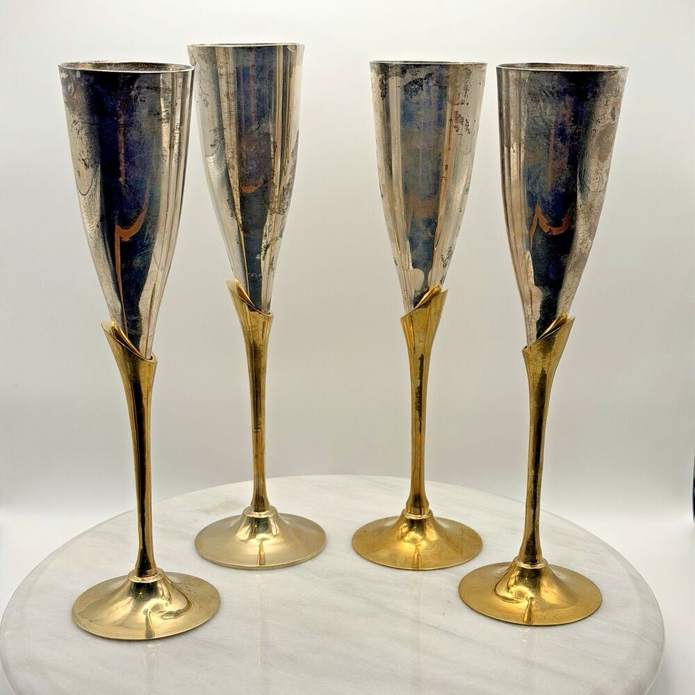 Silver Brass Champagne Flutes Set of 4 Vintage India Hollywood Regency Gothic